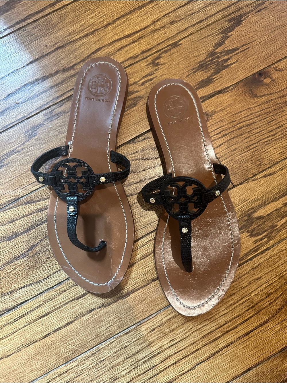 Tory Burch Mini Miller Brown Leather Sandal with Black Logo Thong